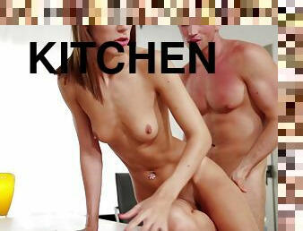 Tight ass teen babe gets a deep pussy fucking in the kitchen