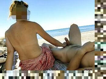 Public handjob in nude beach masturbating and Cumshot of Big Cock in Front of Everyone - MissCreamy