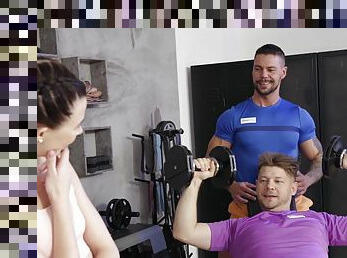 Rough MMF threesome in the gym with brunette Jenny Doll - HD