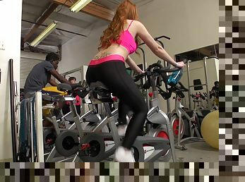 Farrah is the sexy redhead who loves giving blowjobs in the gym