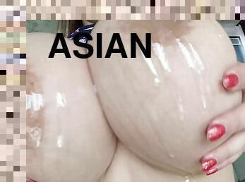 Huge tits Asian slut sucks cock in public and fucks ass at home