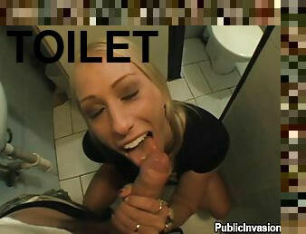 Slim blonde girl gets fingered and fucked in toilet cabin