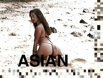 asiatisk, utendørs, strand, alene, bikini, stringtruse