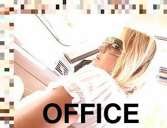 Charming blonde moans in pleasure in a pussy pounding ffm orgy in an office shoot