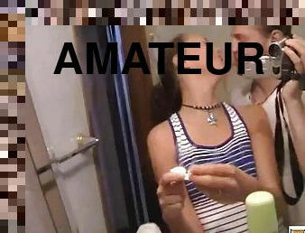 Amateur couple Tanya and Andrew have another quickee in a bathroom