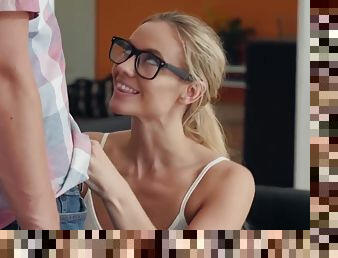 Blonde in glasses gives boss access to her ass and throat