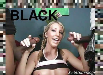 Stunning blond is pleasing two black men at a time