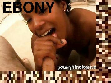 An ebony girl gives a blowjob to a White guy in POV video