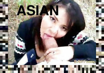 Hot asian slut blows and lick fat cock outdoor in park