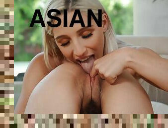 asiatisk, orgasm, fitta-pussy, lesbisk, par, blond, nätstrumpor, underskön