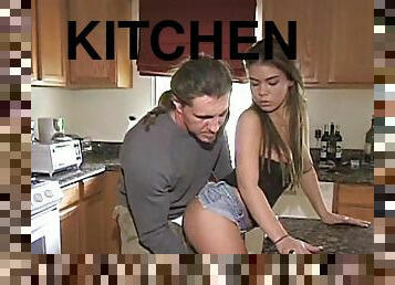 Long-haired slut enjoys having multiposition sex in the kitchen