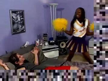 Ebony girl in cheerleader uniform gets fucked by White man