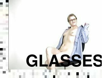 Nerdy blonde in glasses toys her cunt and gives a blowjob to some man