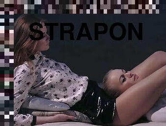 Lustful leggy babes have fun with strapon hot porn clip