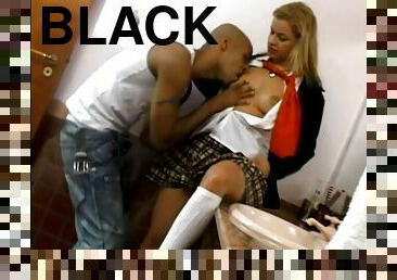 Vicky sucks big black cock and gets fucked in a bathroom