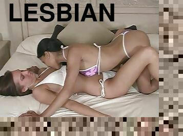 Two slim lesbians lick each other's pussies and share a dildo