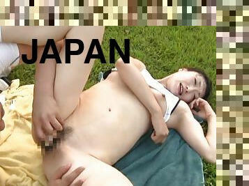 Japanese milf gets her pussy fingered and fucked in the garden