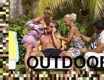 Two sizzling blondes get all their holes pounded by two men outdoors