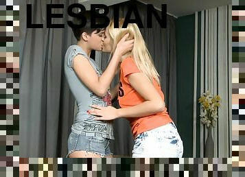 Long-haired blonde and short-haired brunette play lesbian games