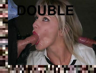 Amazing blonde in police uniform gets double penetrated