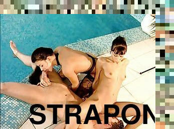 Poolside FFM Threesome with Cock and Strapon Double Penetration