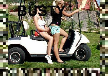 Busty Brunette and Sexy Blonde Having Lesbian Sex on a Golf Cart