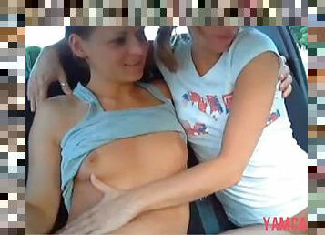 Sexy lesbians masturbate in car