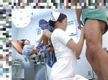 Sexy nurse gets fucked by a doc, while a woman was giving a birth