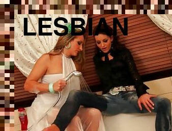 Lesbian hot duo getting wet and messy in the bathtub