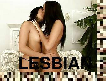 Two sweet brunette girls have passionate lesbian sex