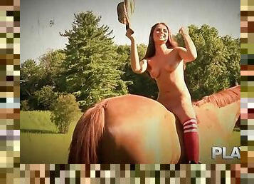 Tierra Lee the hot cowboy girl rides a horse being naked