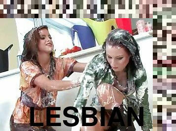 Wet and messy lesbians fighting in the kitchen