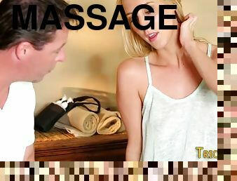 Teenage tricked hottie blows masseurs rod
