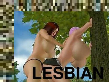 Lewd lesbian with huge boobs gets fucked by her GF in a forest