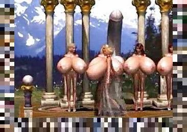 3D cuties with enormous boobs go for a walk in a forest