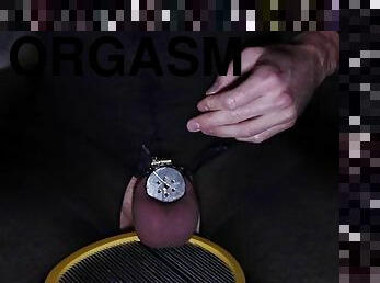 Ruined orgasm in micro chastity cage with vibrator