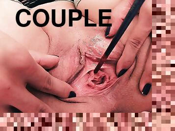 Peehole Insertion and Gaping. Pussy Stretching, Drum Sticks.