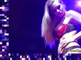 hot blonde big breast babe striptease on public sex fair show stage