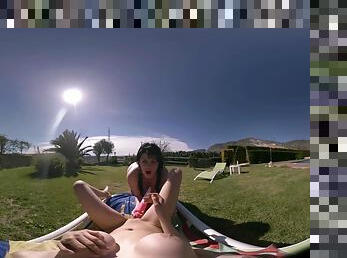 VR Porn Video. Watch how these two lesbian girls play by the pool