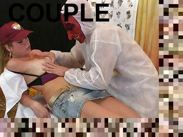 Fit guy in a devil mask fucks a blonde girl with perfect breasts