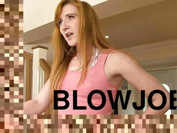 Redhead dame with long hair refining big cock with blowjob