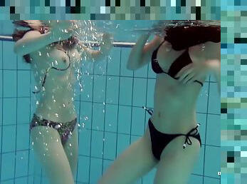 Luscious playgirls enjoy groping each other in the pool