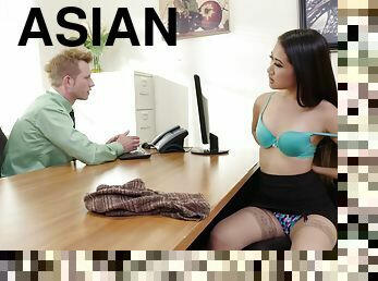 Asian babe with perfect buttocks getting dicked in the office