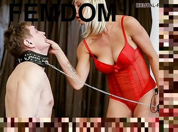 Adorable femdom blonde enjoying her pussy being licked by slave in BDSM shoot
