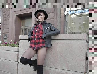 Jeny Smith flashing pantyhose on the streets. No panties