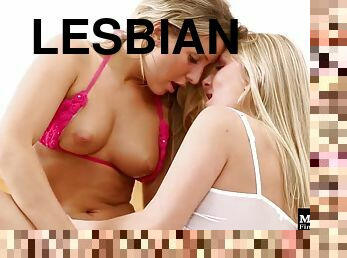 Long hair lesbian in bra bending over while her pussy is licked