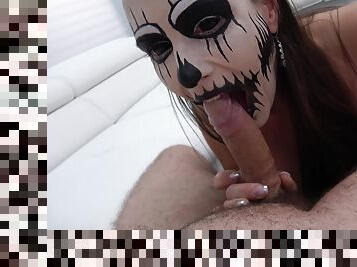 Brunette Mea Melone fucks a guy wearing her Halloween costume