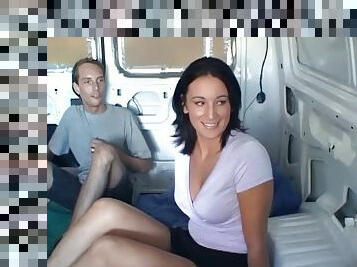 Flamboyant dark-haired babe and two rock-solid cocks in the van
