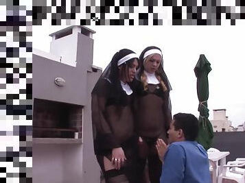 Dirty shemale nuns take turns fucking ass of a dude - Sharon T.