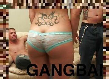 Tattooed Katrina Angel in panties gets cumshot after being gangbanged hardcore